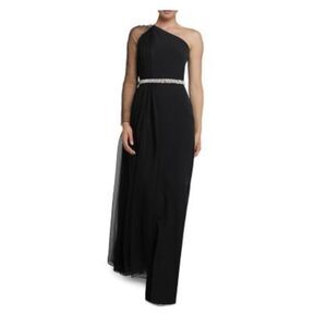 SAFIYAA Womens Black Overlay Belt Long Sleeve Full-Length Evening Gown Dress 8